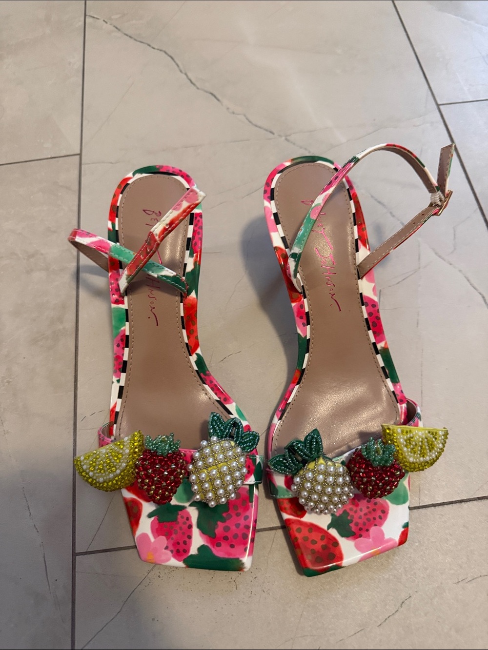 Betsey Johnson Pink & Green Strawberry Print Fruit Embellished Sandals